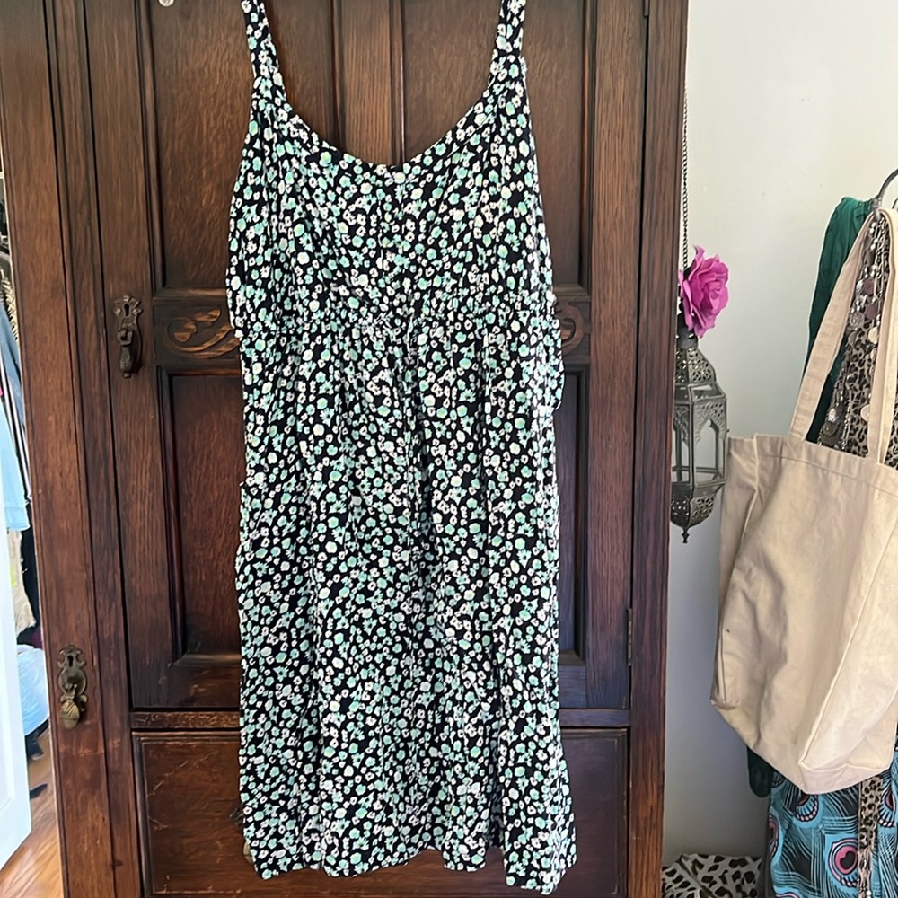 Floral print dress from TORRID, spaghetti, strap, Tye front, falls at the knee